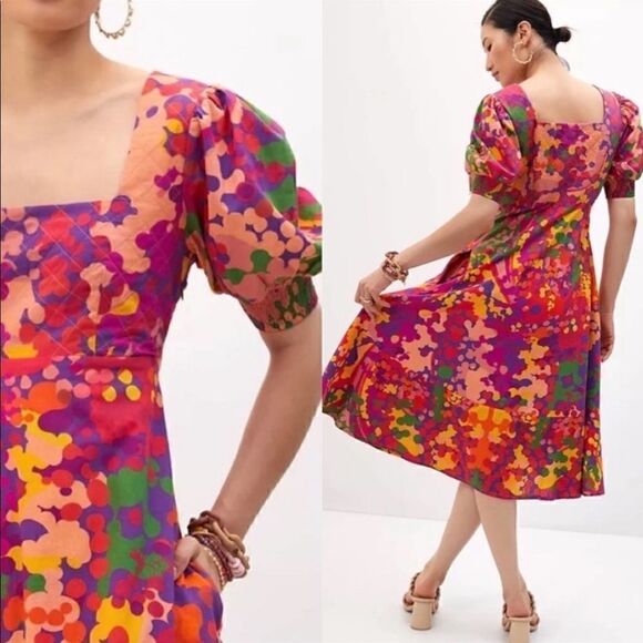 Anthropologie Roopa Pemmaraju Puff Sleeve Square Neck Floral Midi Dress Size XS - Picture 4 of 6